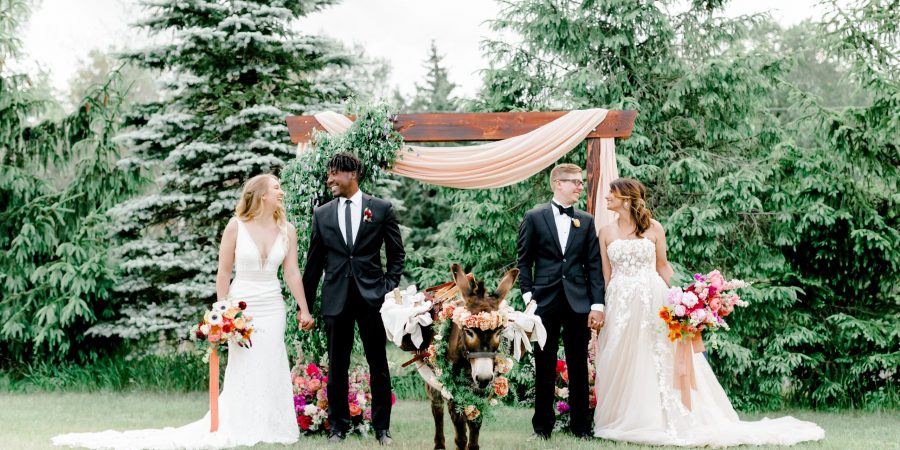 Two Couples Standing by Wedding Arch and Cute Donkey at Rustic Bohemian Wedding Styled Shoot
