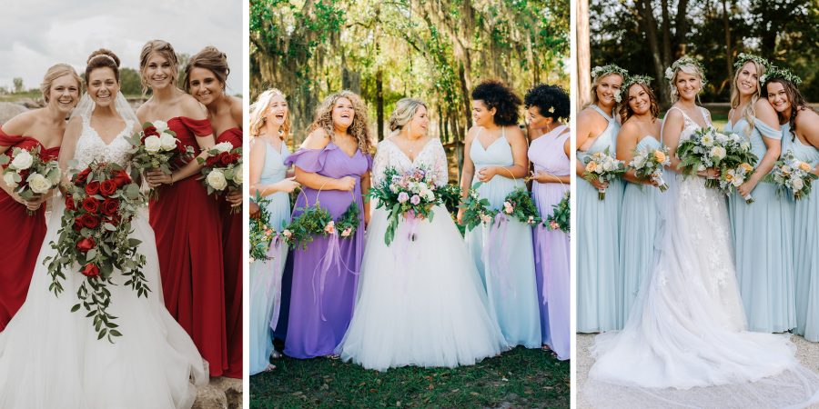 Collage of Real Brides Wearing Maggie Sottero Wedding Dresses and Standing With Their Bridesmaids